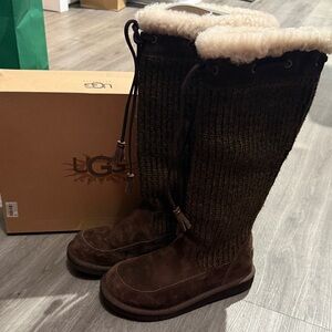 UGG Suburb Chocolate Crochet Boots with Shearling Trim with box